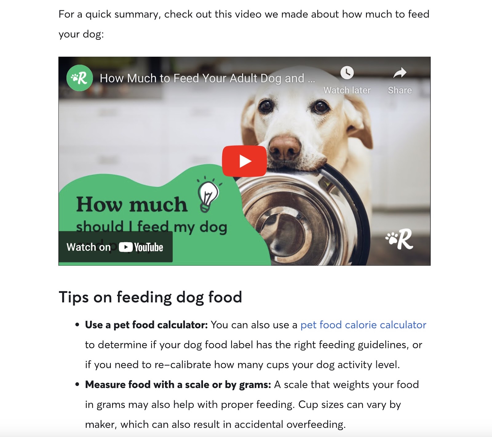 Video của Rover về hướng dẫn cho việc cho chó ăn, được nhúng trong bài viết