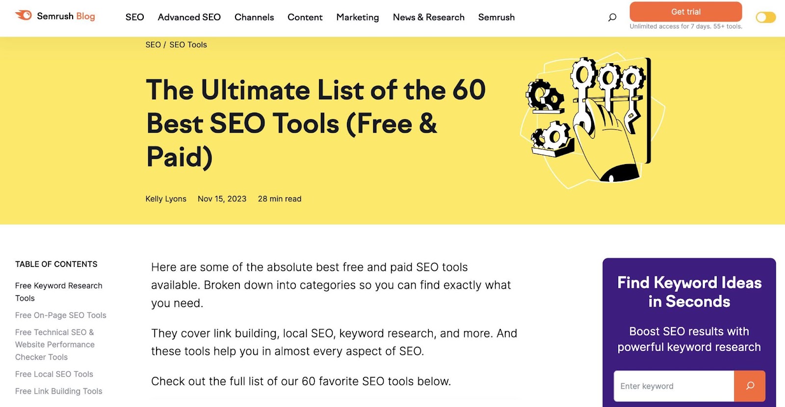 Trang đích bài blog của Semrush về các công cụ SEO miễn phí và trả phí tốt nhất