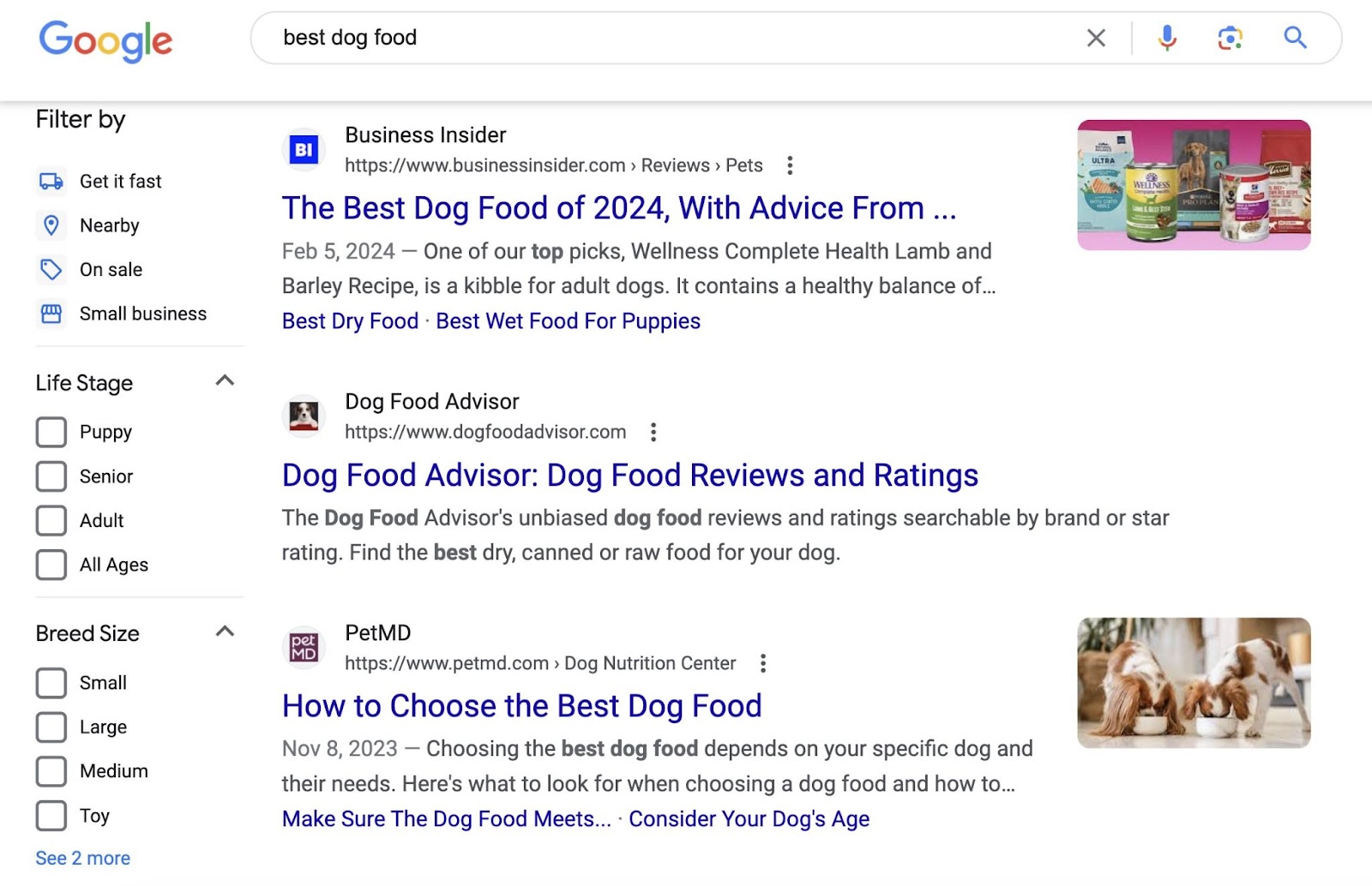Phần đầu của SERP của Google cho truy vấn “thức ăn chó tốt nhất”