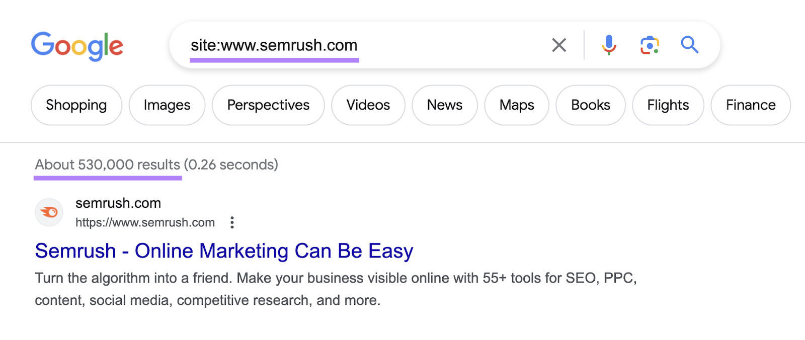 Google hiển thị khoảng 530.000 kết quả cho tìm kiếm “site:www.semrush.com”