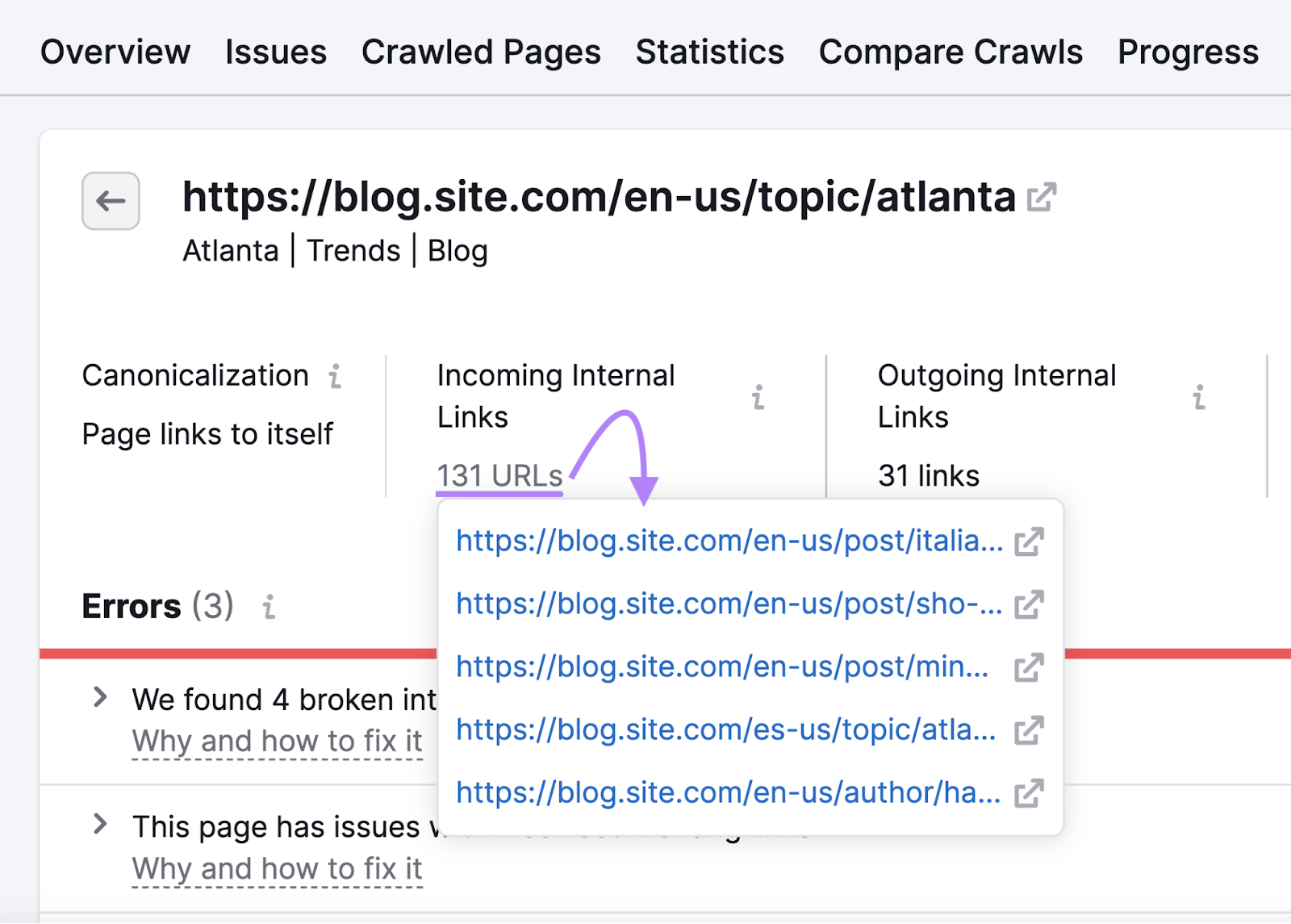 "131 URLs" button opened under “Incoming Internal Links" section