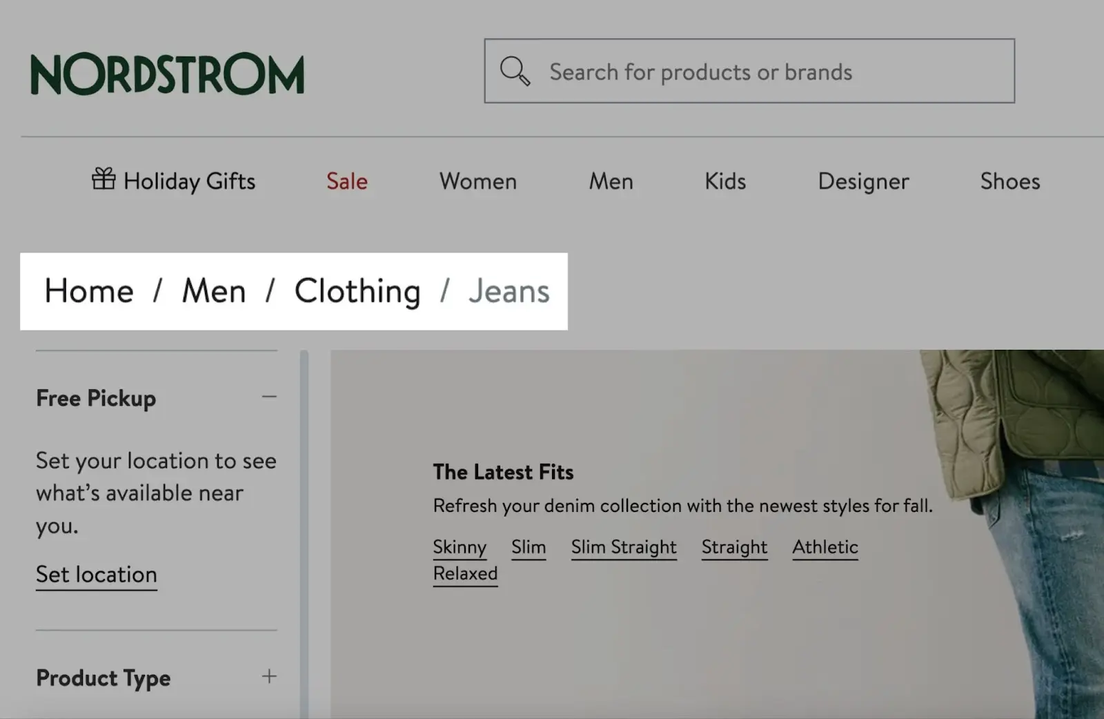 Đường dẫn dạng breadcrumbs trên trang web của Nordstrom hiển thị “Trang chủ / Nam / Quần áo / Quần Jean”