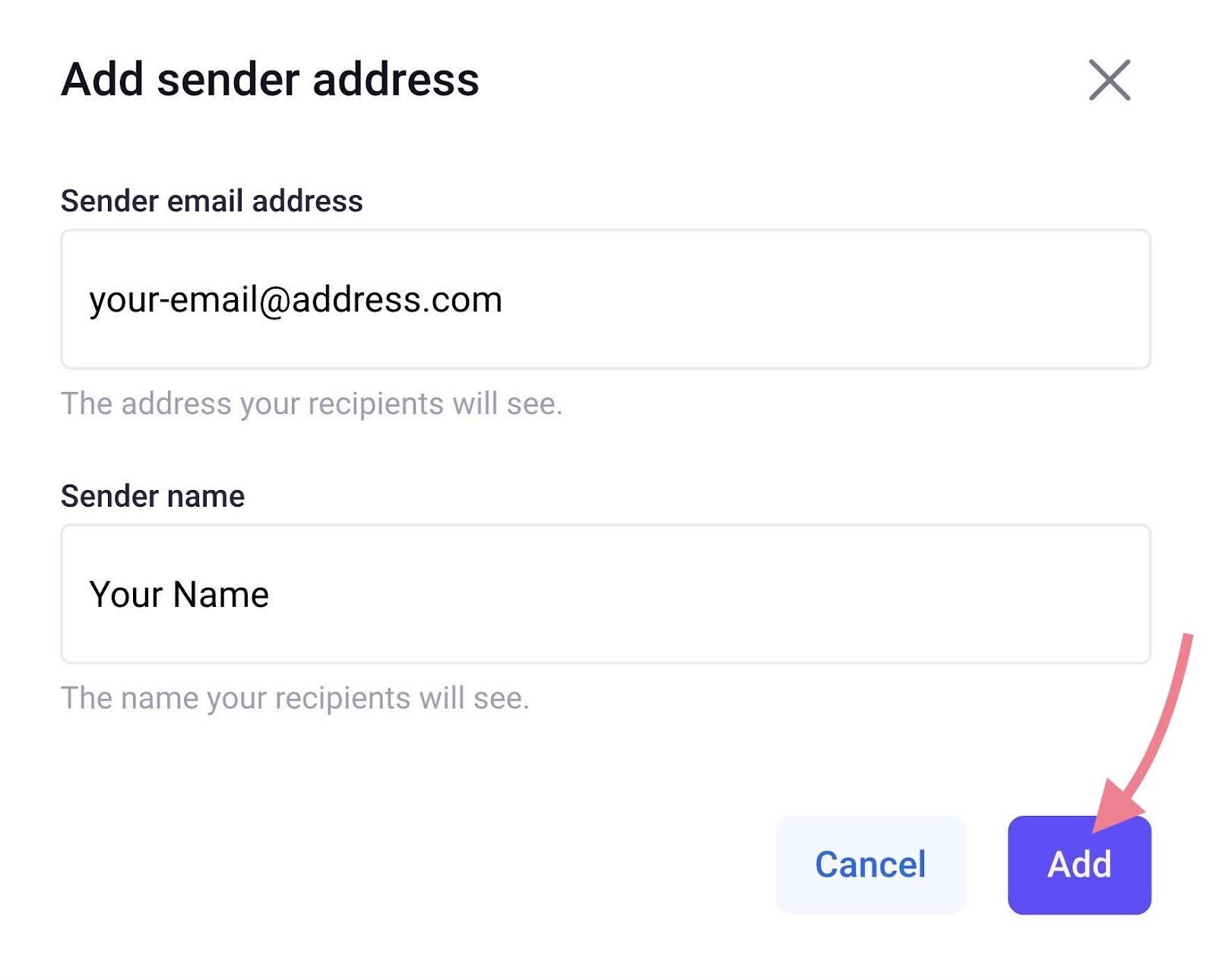 Trang thêm địa chỉ email người gửi
