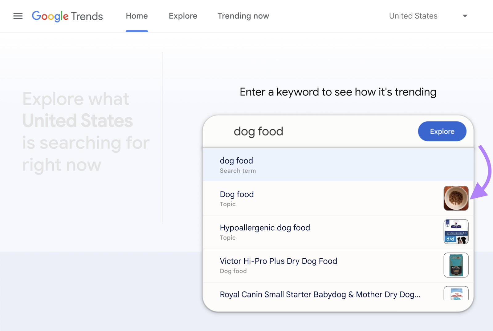 Tìm kiếm từ khóa "thức ăn cho chó" trong 30 ngày qua trên Google Trends