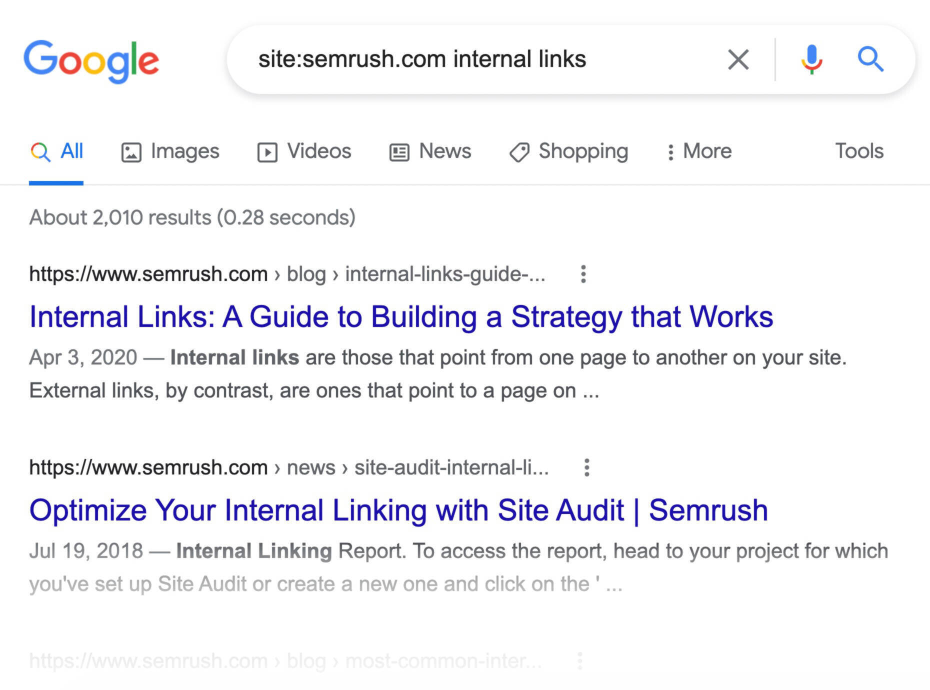 Kết quả Google cho các trang Semrush về liên kết nội bộ