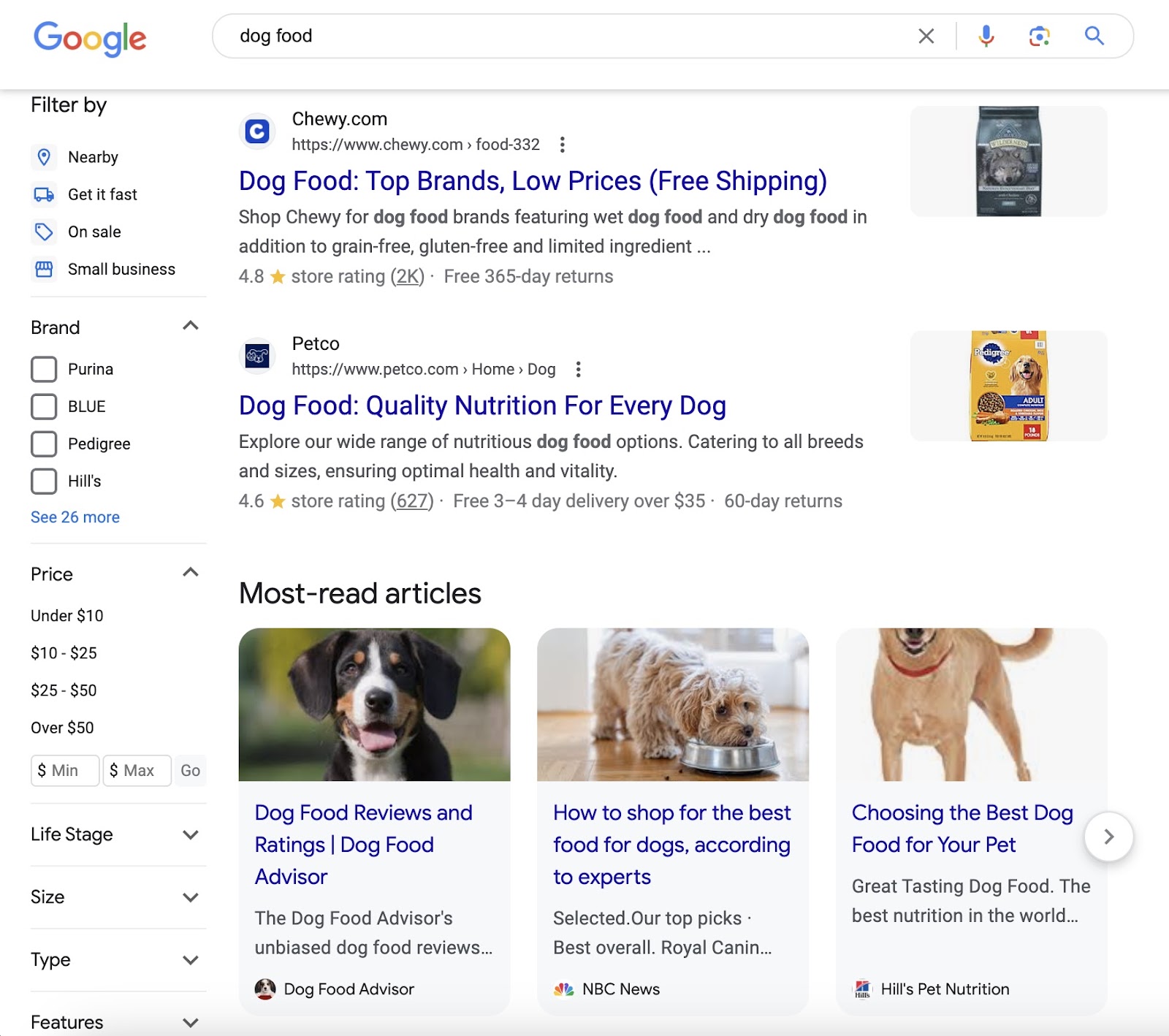 Kết quả tìm kiếm tự nhiên của Google cho truy vấn 'thức ăn cho chó'